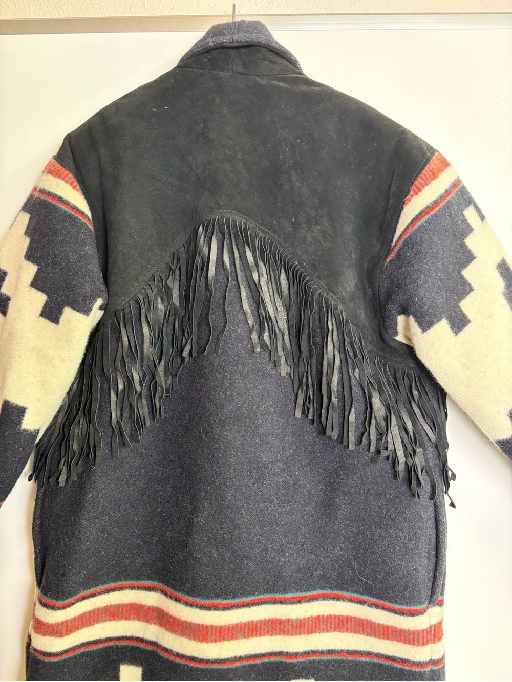Vintage Branded Santa Fe Wool Southwestern Blanket Duster Coat Black Suede M - Picture 8 of 9